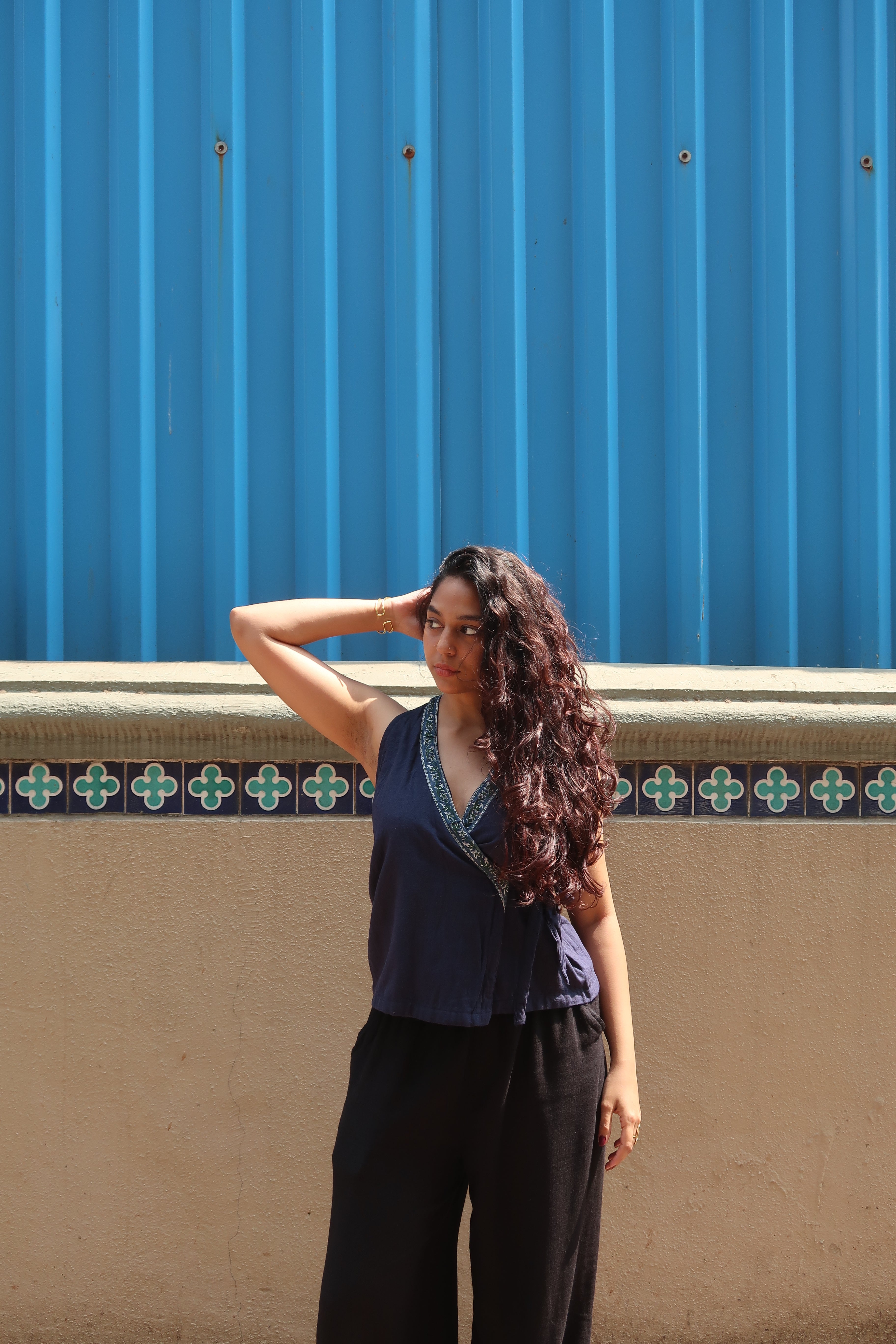 Blue Chanderi border halter neck top