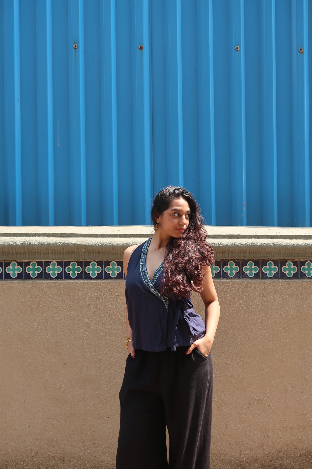 Blue Chanderi border halter neck top