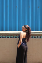 Blue Chanderi border halter neck top