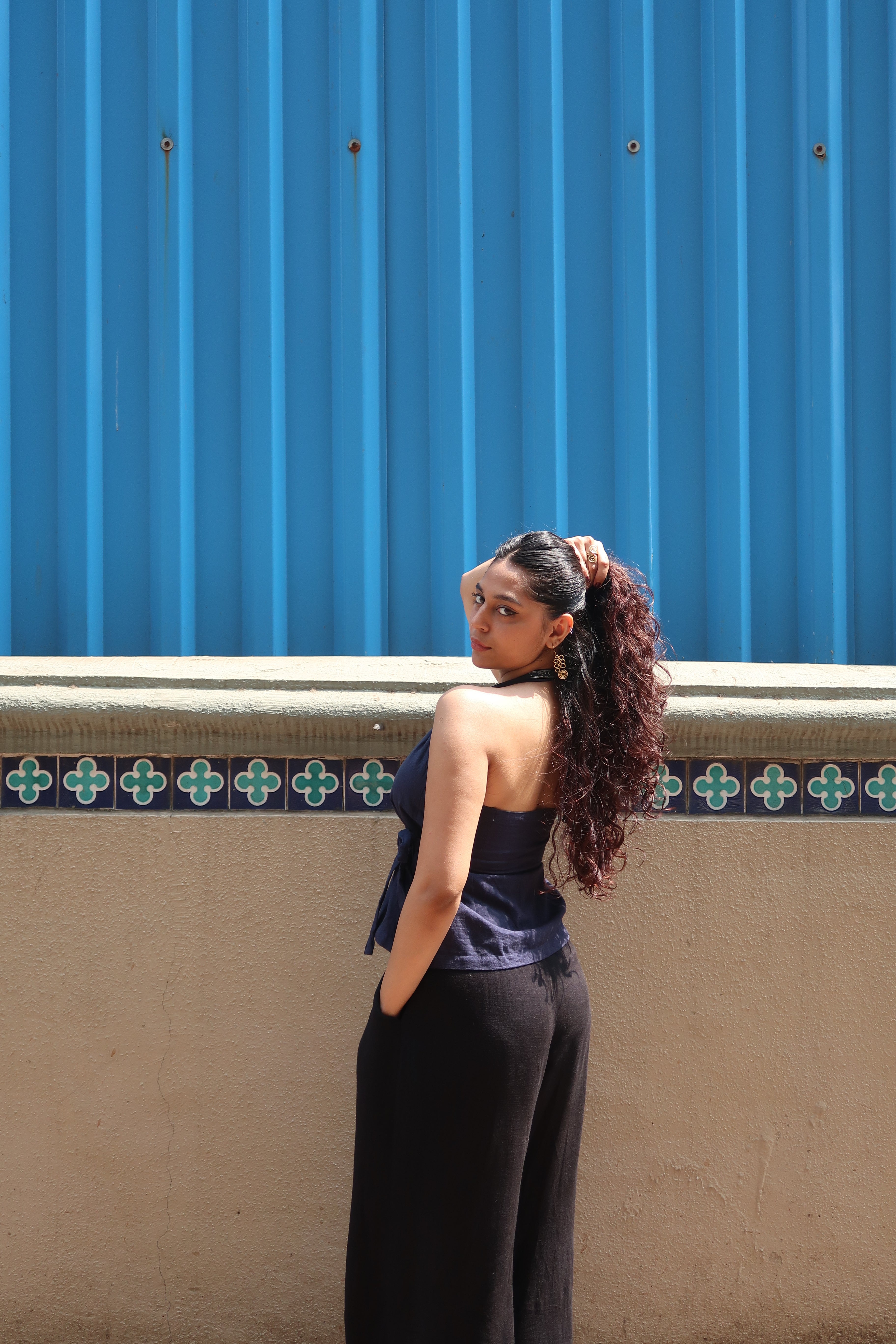 Blue Chanderi border halter neck top