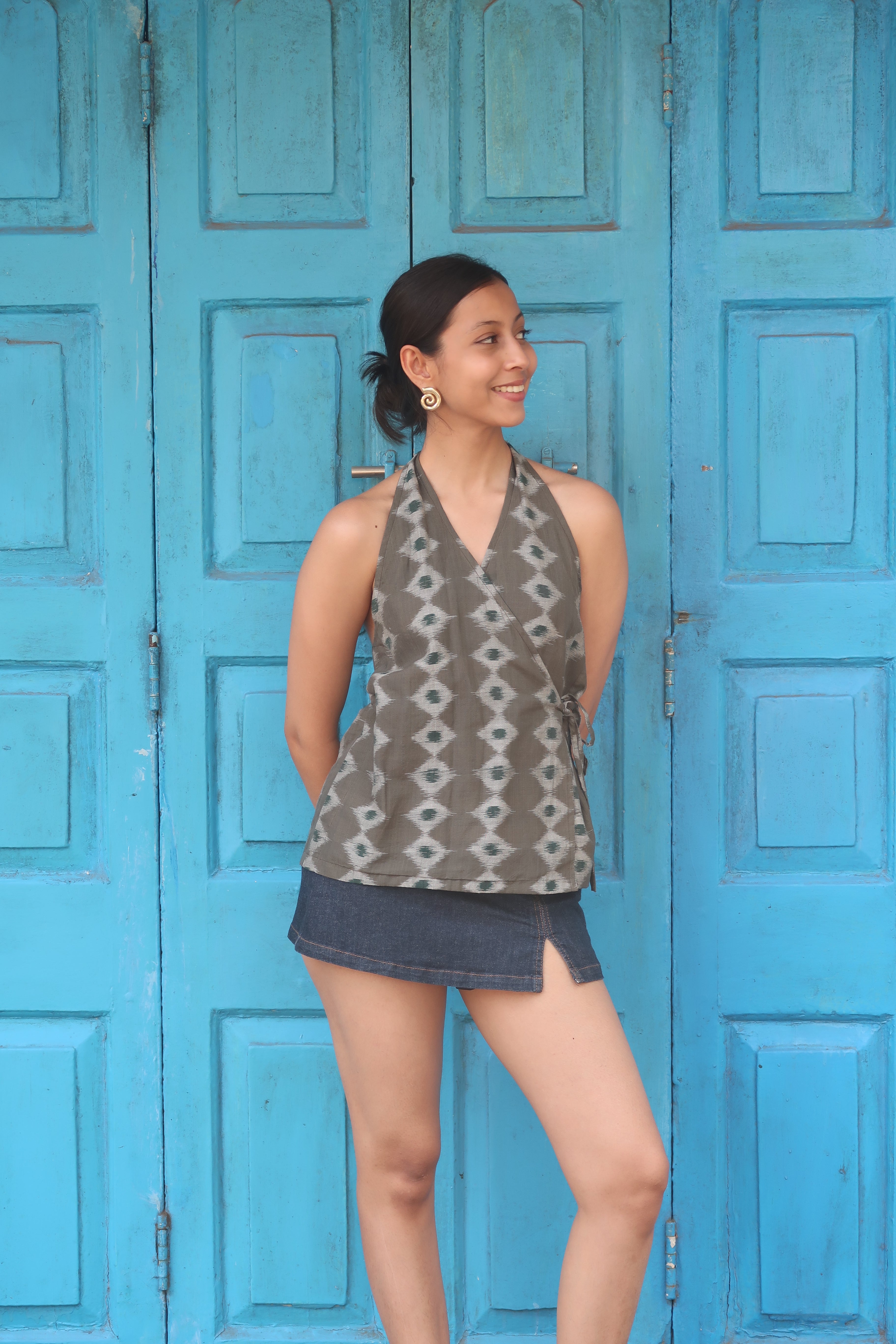 Grey Geometric Ikkat Halterneck Top