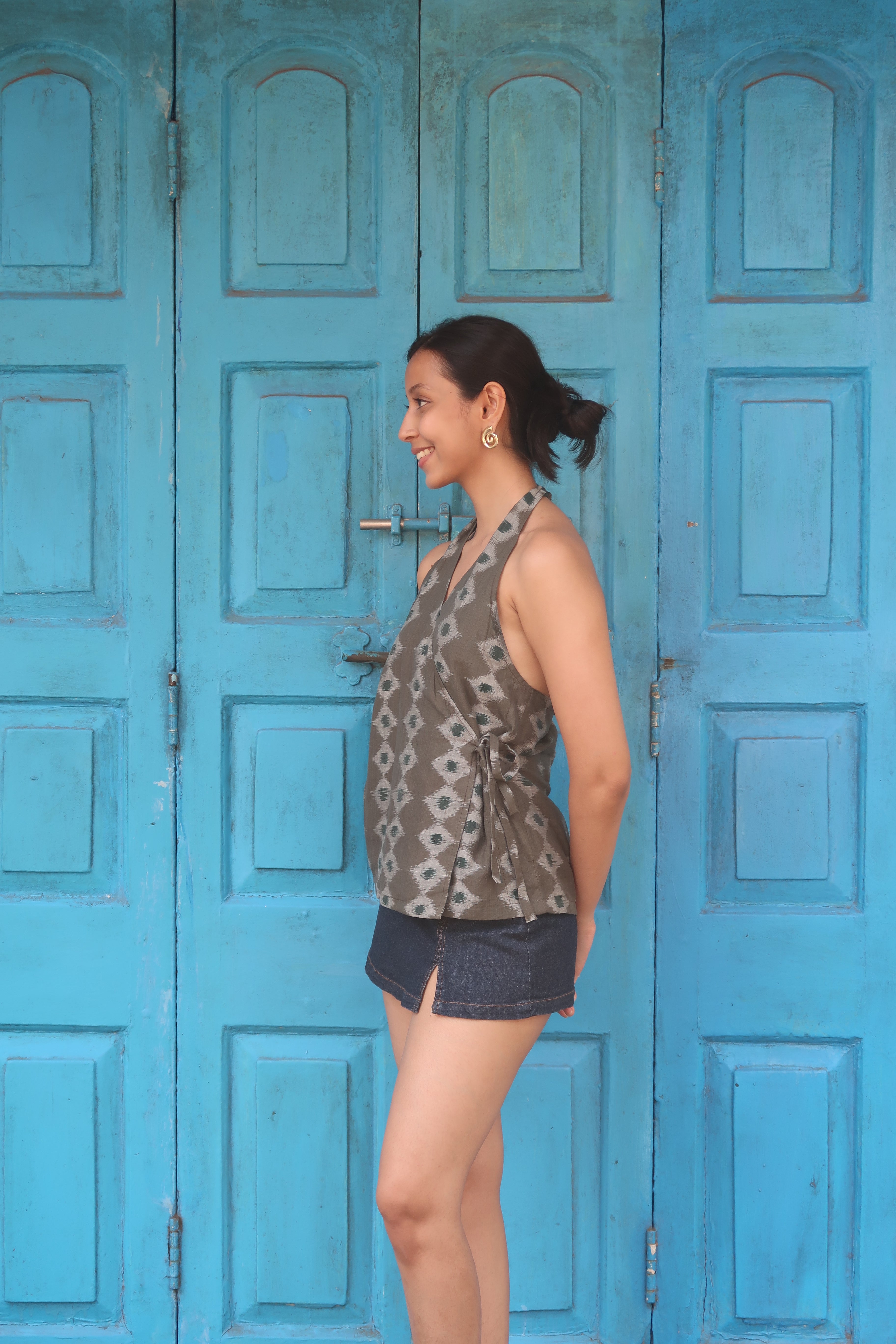 Grey Geometric Ikkat Halterneck Top