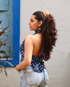 Koyal Blue Double Ikkat High Neck Top