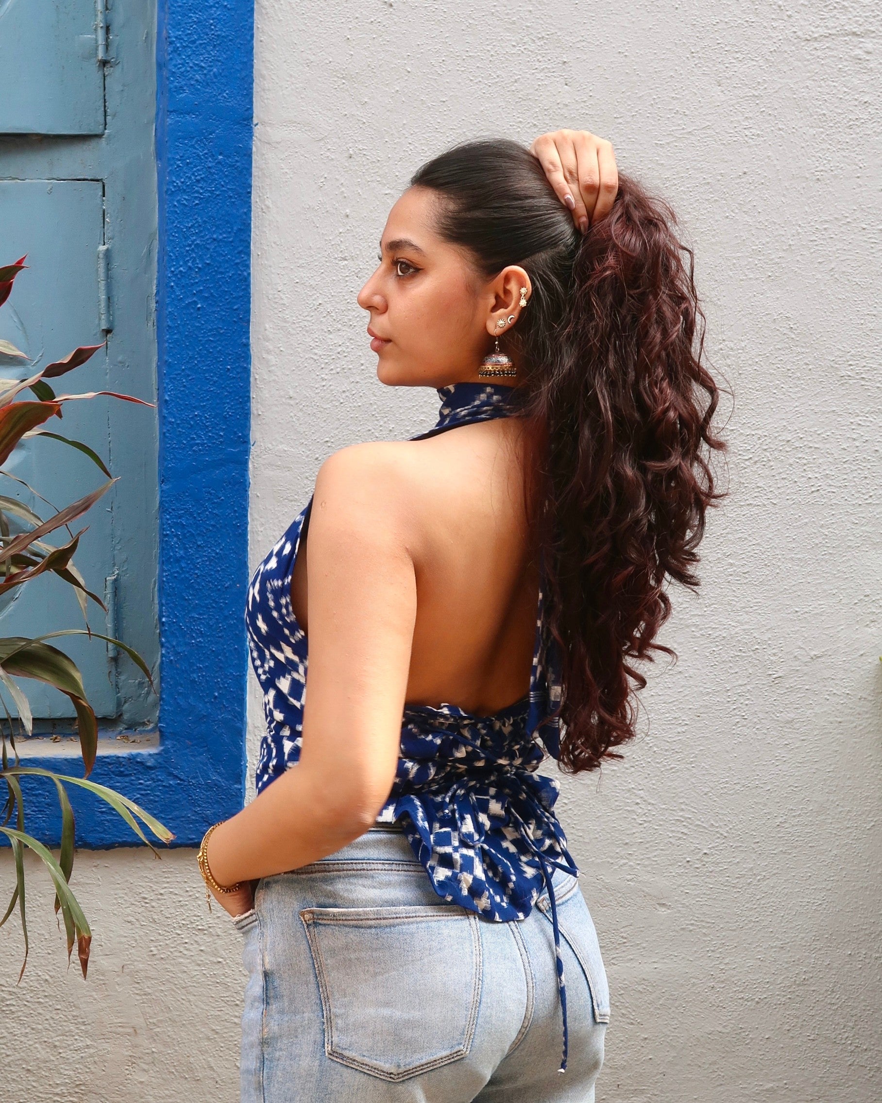 Koyal Blue Double Ikkat High Neck Top