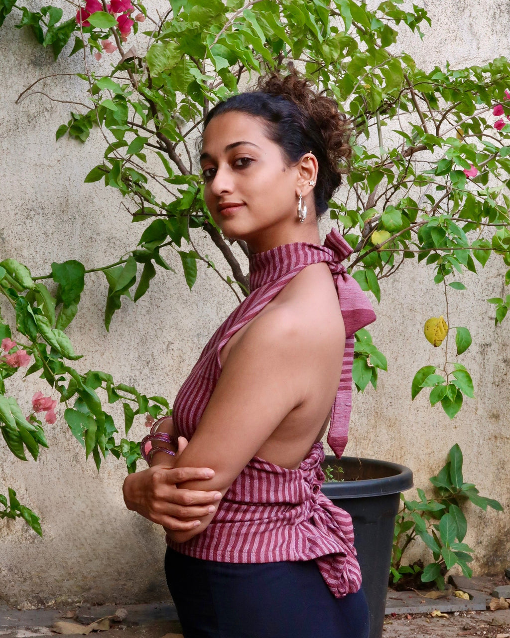 Pink Striped Kala Cotton High Neck Top