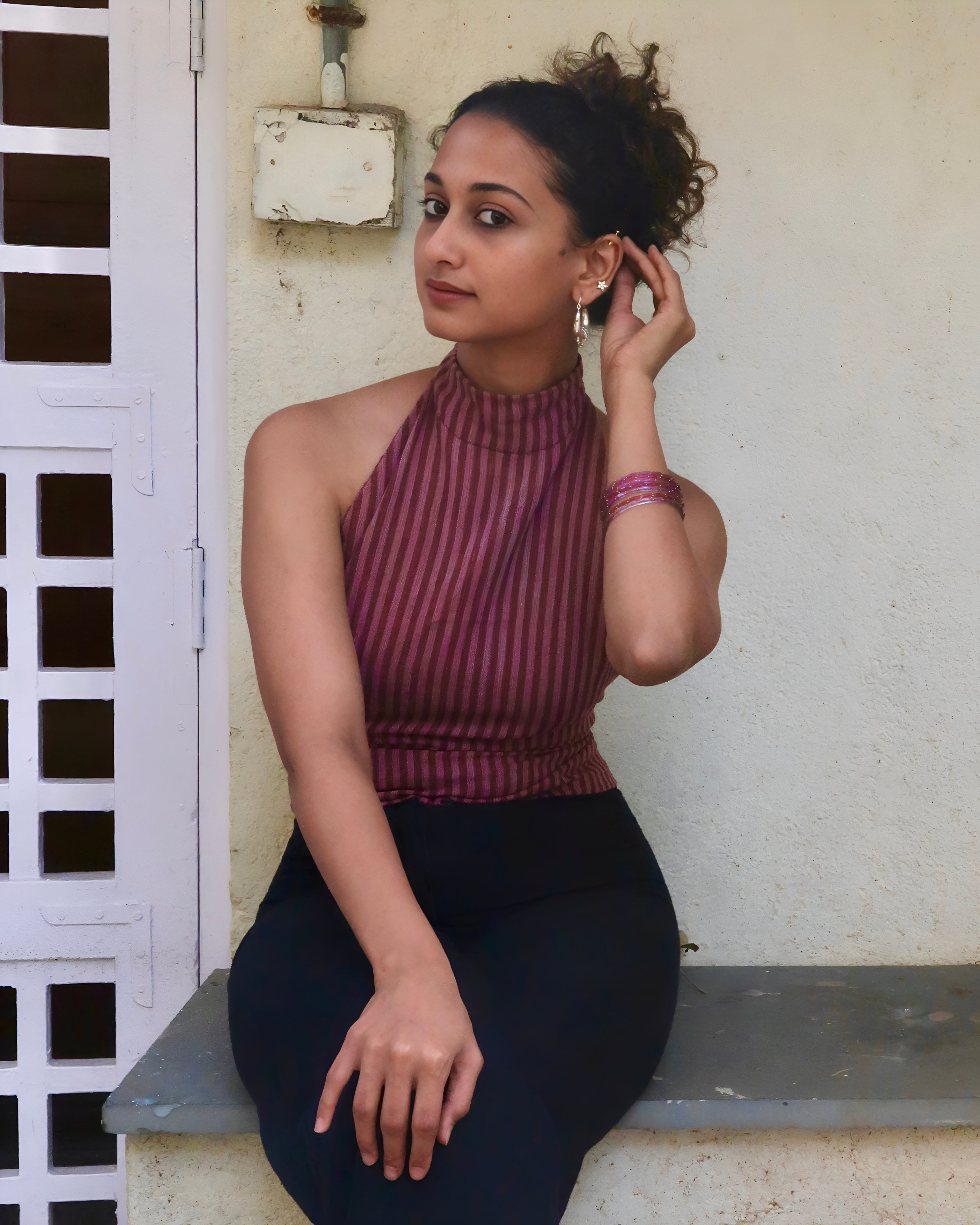 Pink Striped Kala Cotton High Neck Top