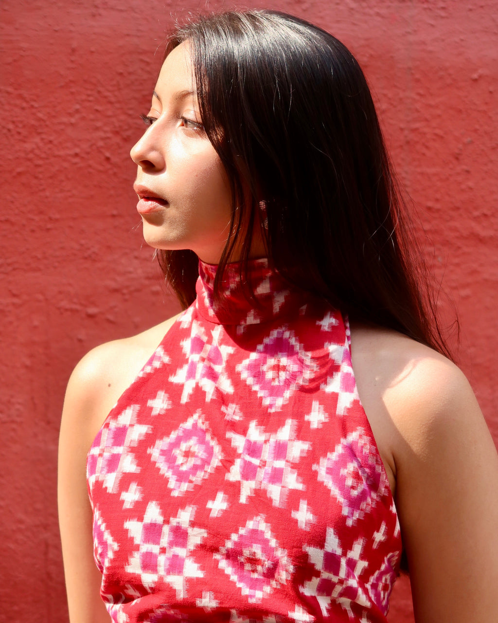 Raani Pink Double Ikkat High Neck Top