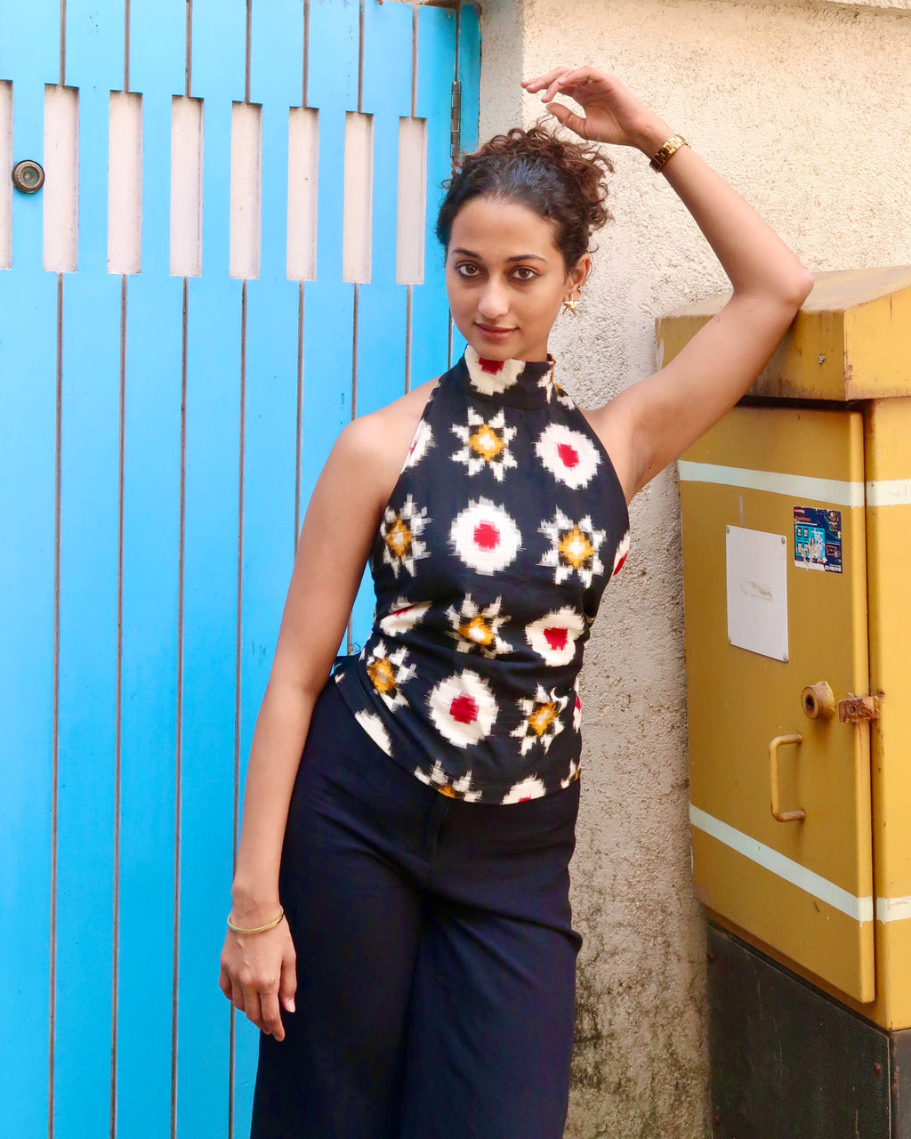 Kohl Black Double Ikkat High Neck Top