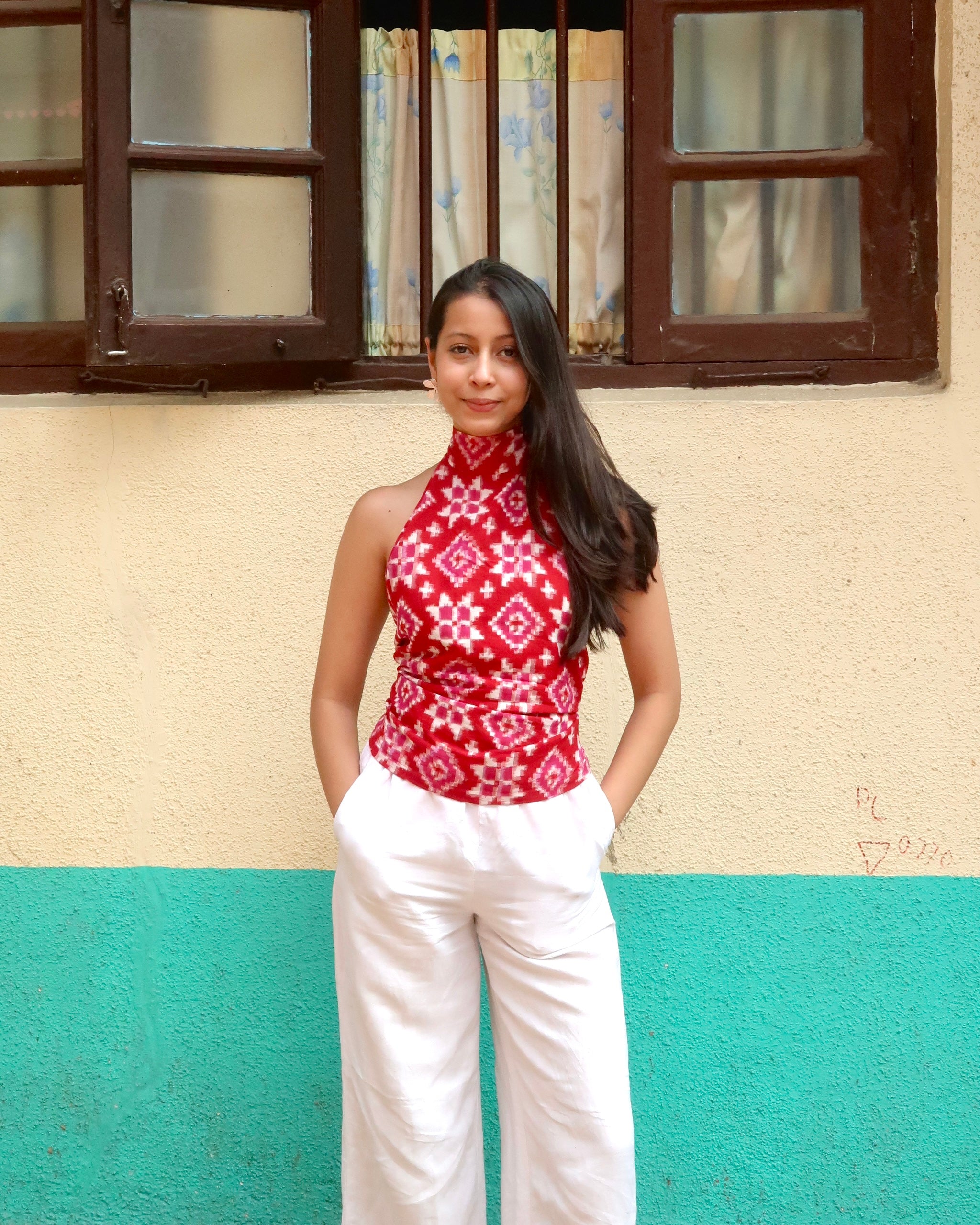 Raani Pink Double Ikkat High Neck Top