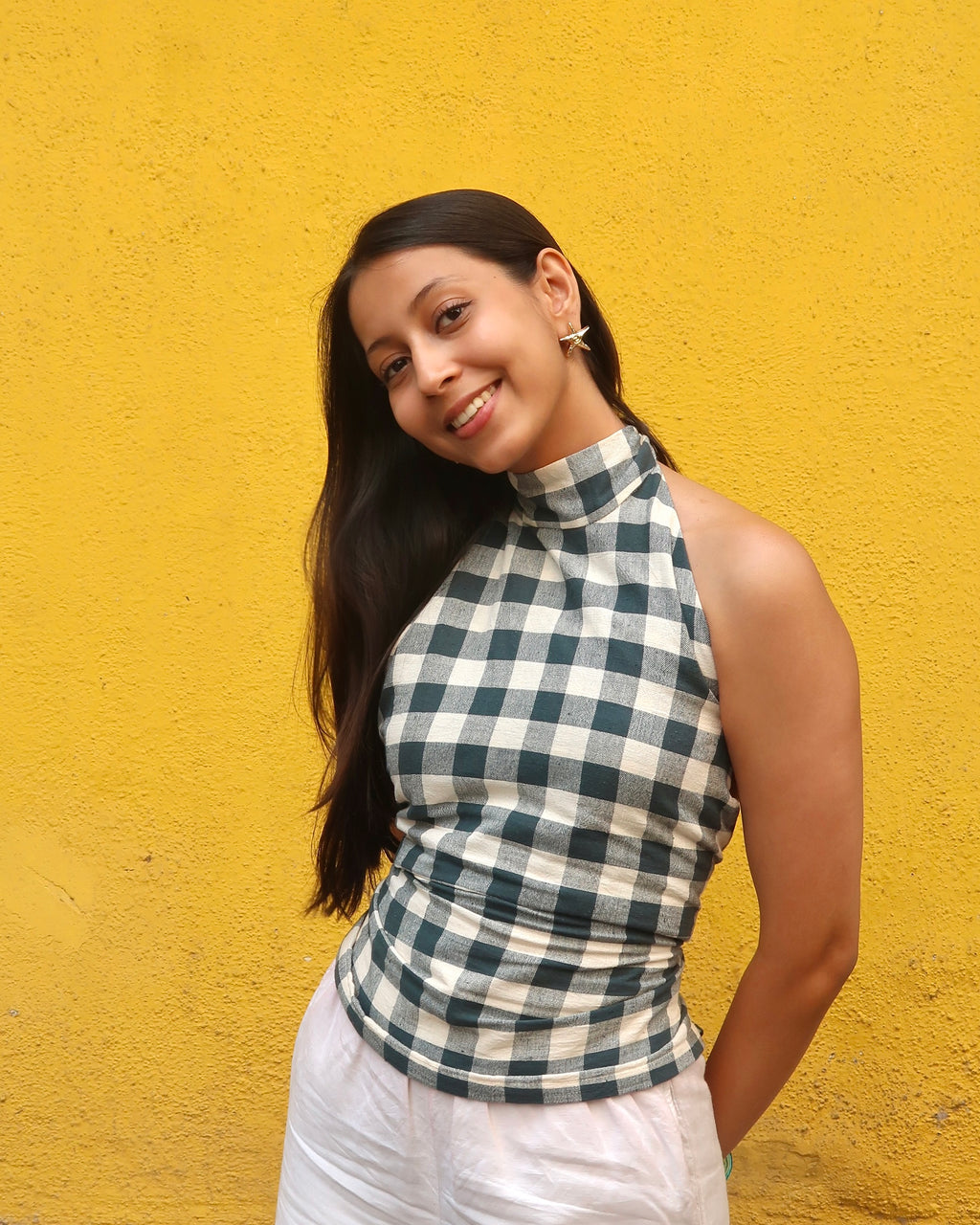 Checkered Kala Cotton High Neck Top