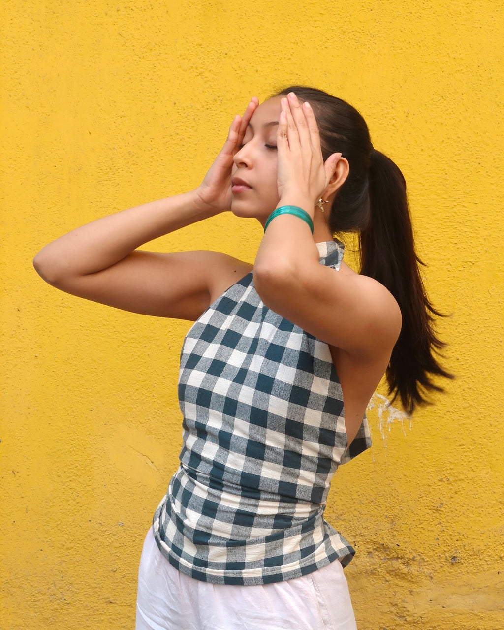 Checkered Kala Cotton High Neck Top