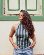 Teal Striped Kala Cotton High Neck Top